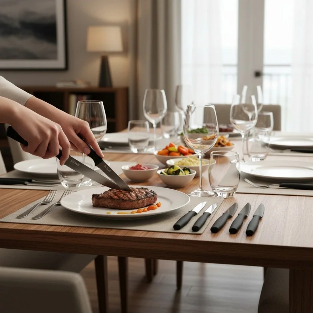 McCook Steak Knives Set MC58 8pc Black New Serrated Stainless Steel